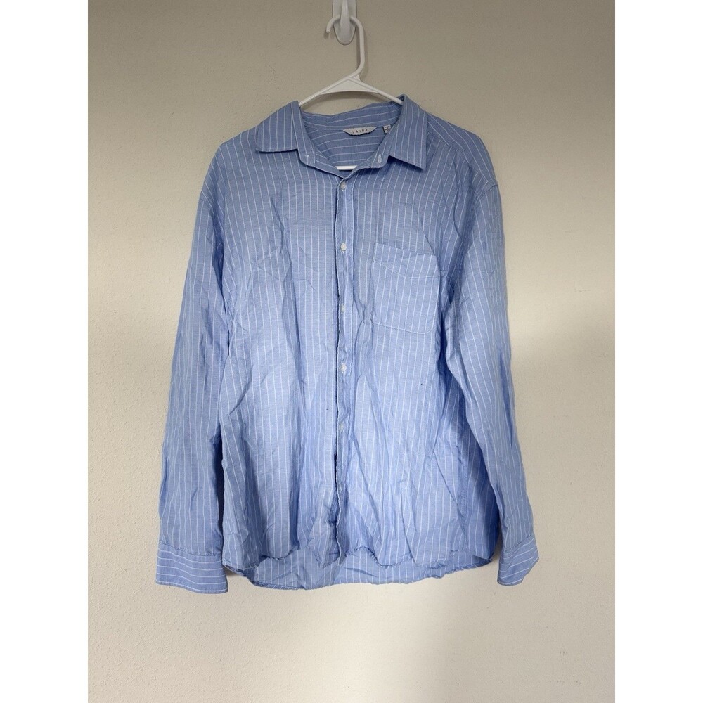 Laine Fisherman Style Blue Pinstripe Button Down Minimalist French Inspired SZ L